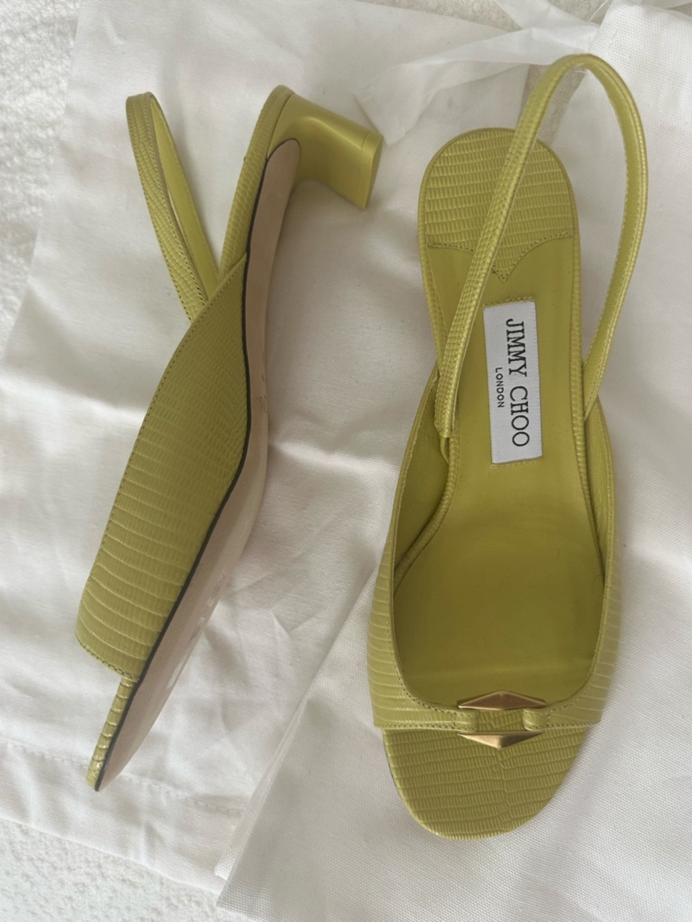 Jimmy Choo Yellow-Green Slingback Mules with Gold Accent - Picture 3 of 3